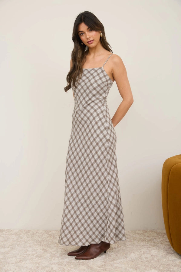 Classic Plaid Midi Dress - Cream & Brown