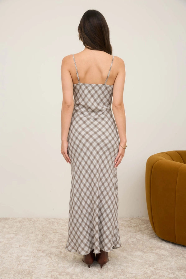 Classic Plaid Midi Dress - Cream & Brown