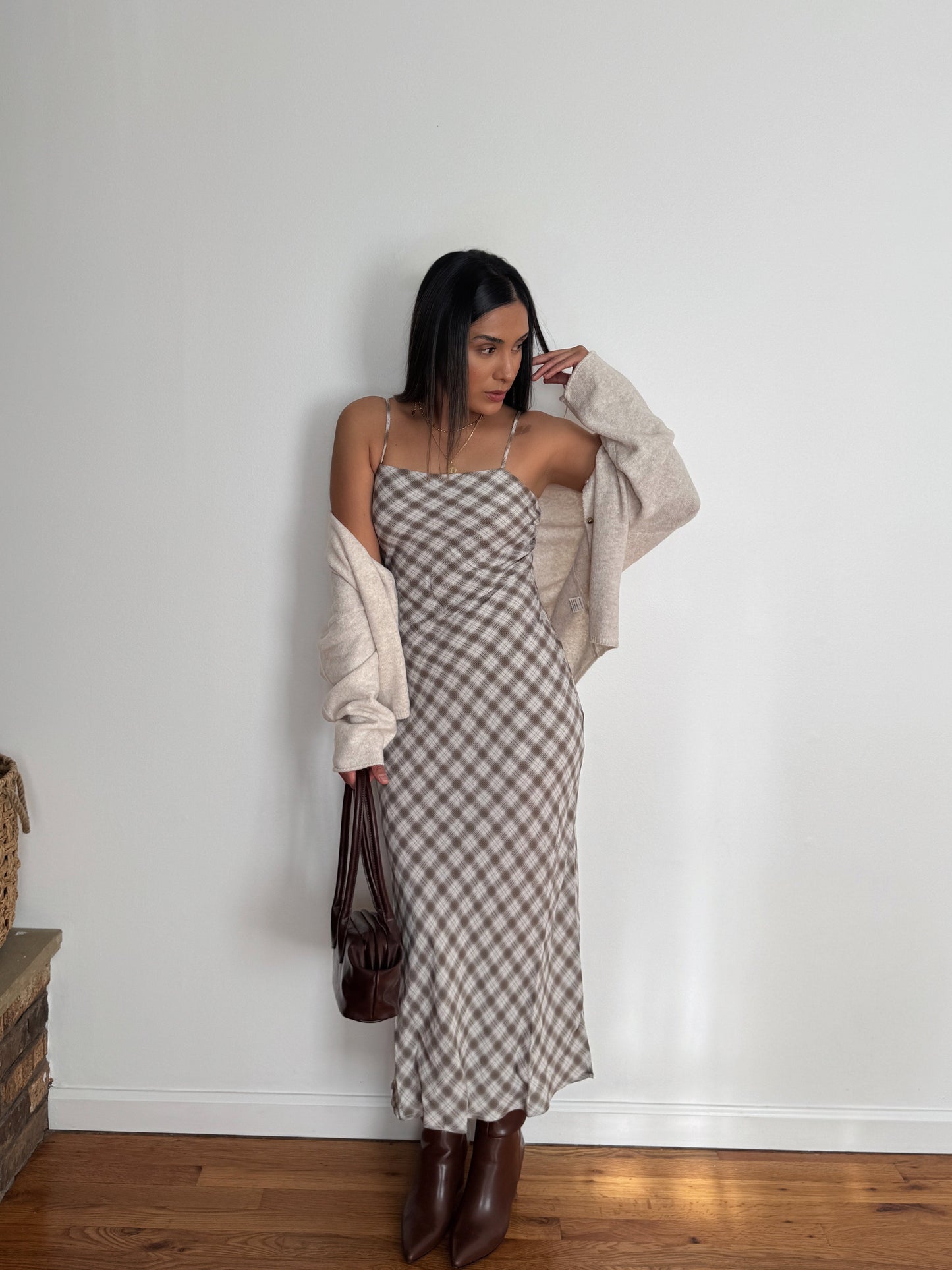 Classic Plaid Midi Dress - Cream & Brown