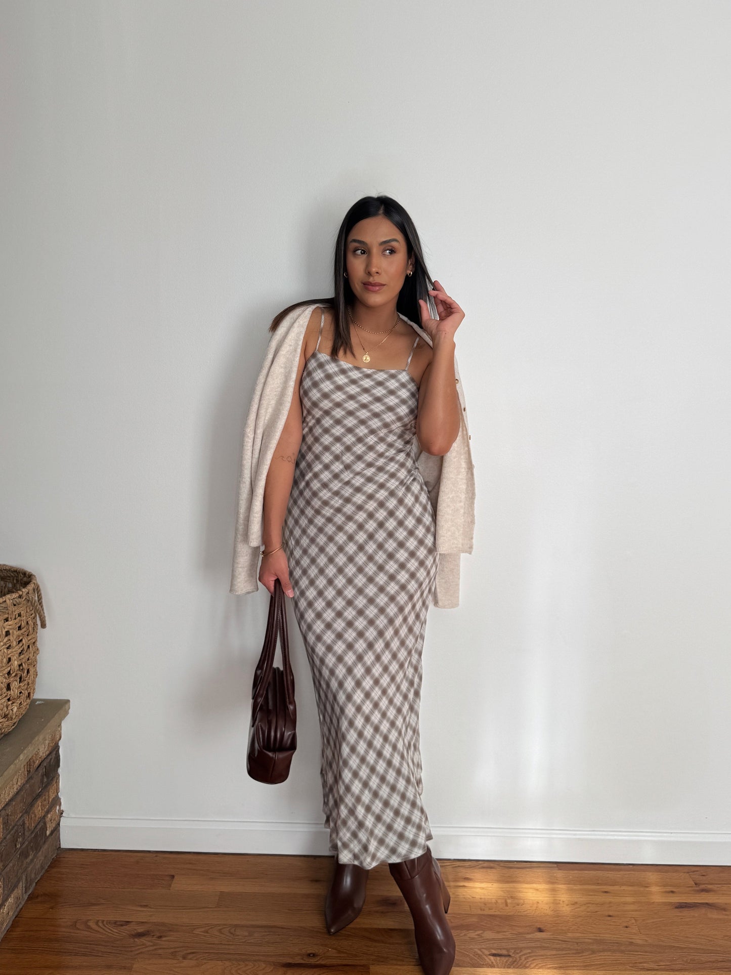 Classic Plaid Midi Dress - Cream & Brown