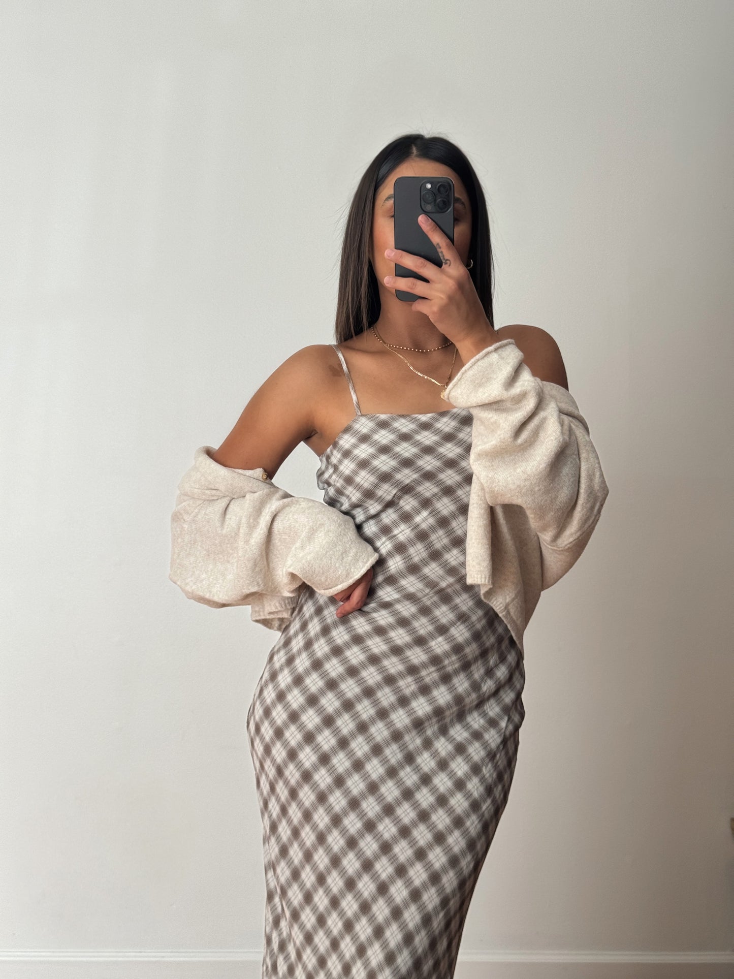 Classic Plaid Midi Dress - Cream & Brown