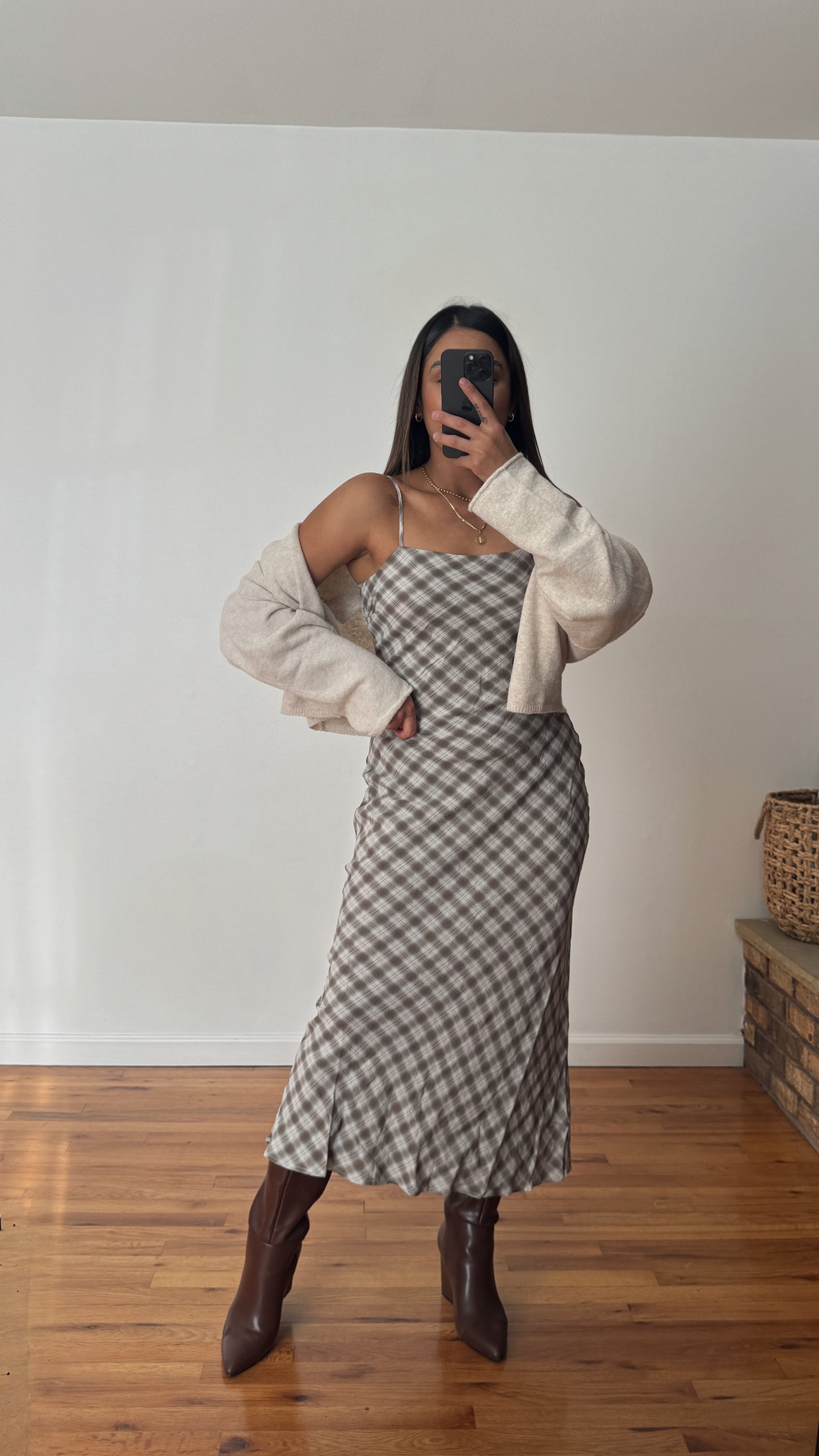 Classic Plaid Midi Dress - Cream & Brown